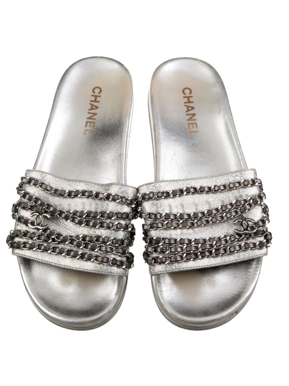 CHANEL Silver Chain-Embellished Slide Sandals Sz 35 1/2